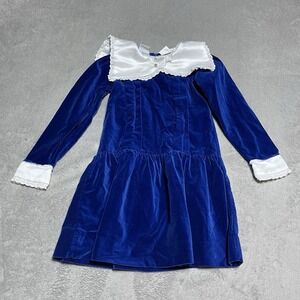 Vintage Jo Joe Fashions Dress Girls 6 Blue Velvet Collared Long Sleeve